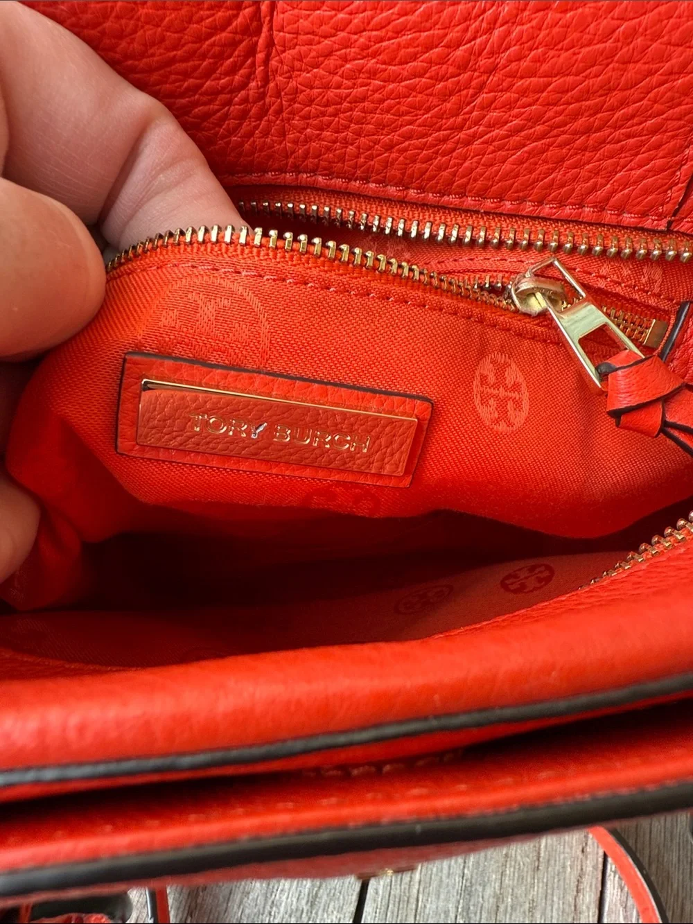 Tory Burch Coral-Red Pebbled Leather Mini Satchel with Detachable Strap